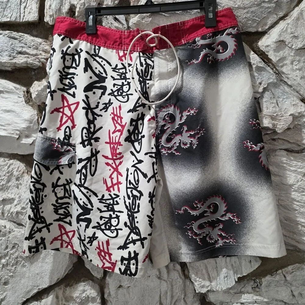 Vintage Y2K No Boundaries Dragon Board Shorts Men 34 Swim Trunks Grunge Surf Red